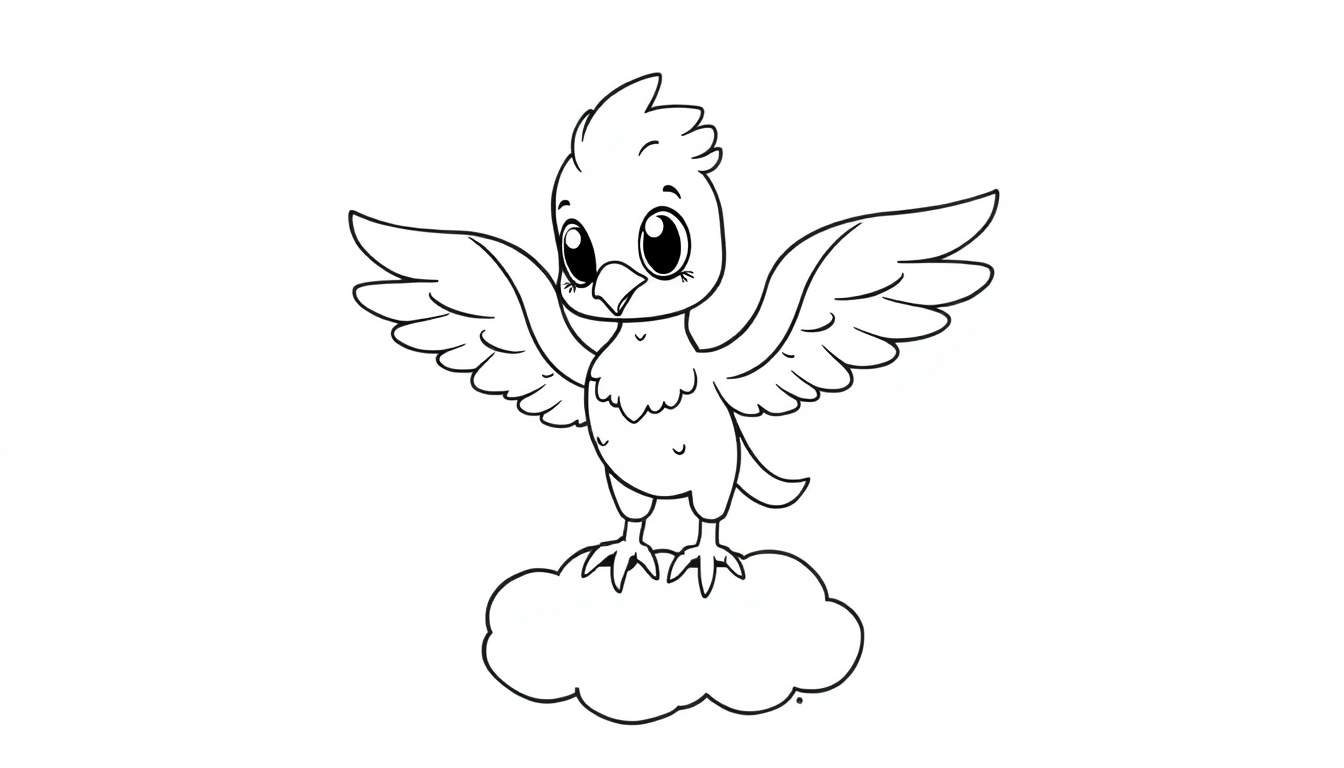 Cute baby phoenix on a cloud, a black and white line drawing for a color panel.