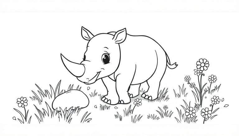 A friendly baby rhino in a field, ready for a color panel.