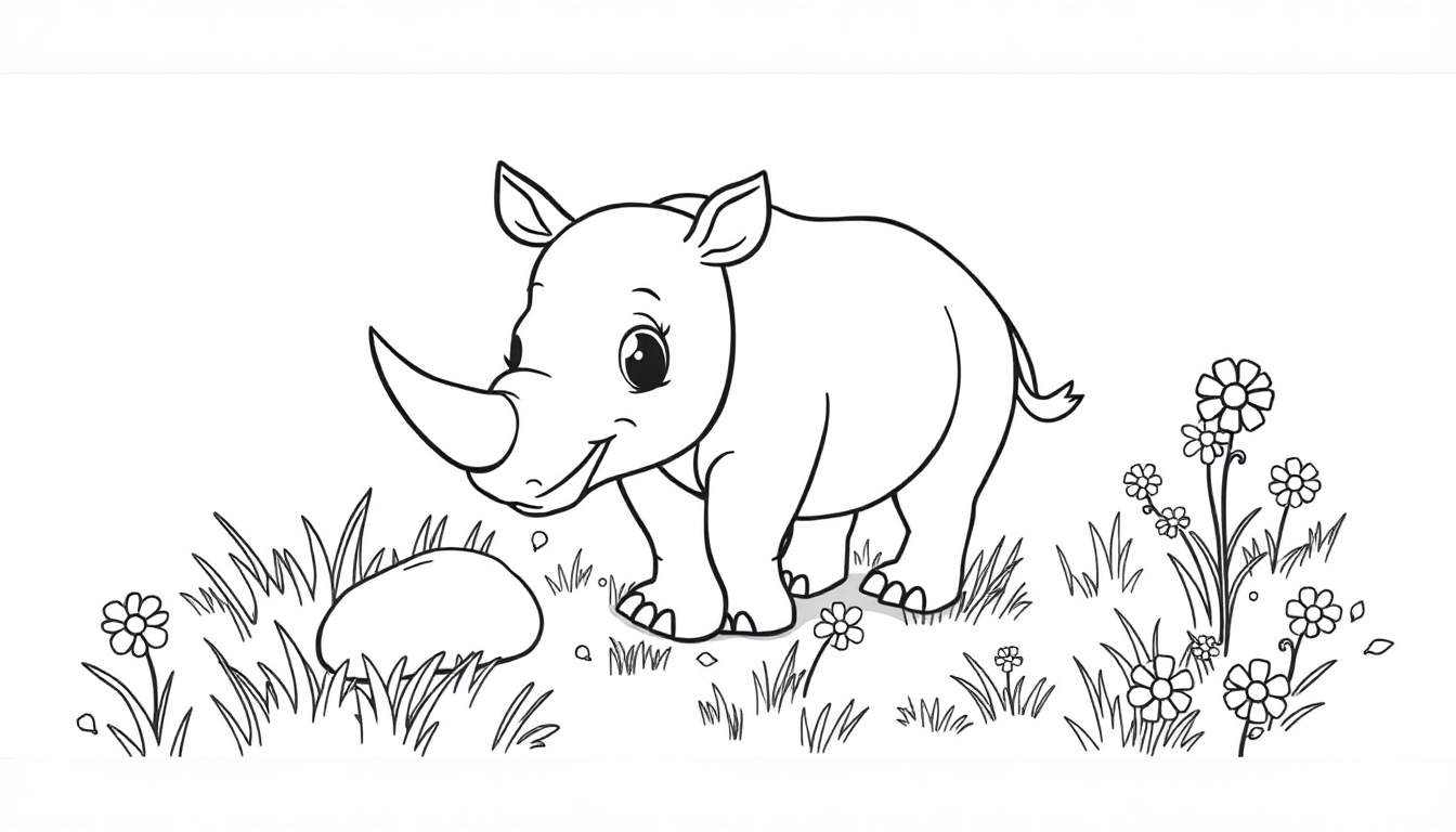 A friendly baby rhino in a field, ready for a color panel.