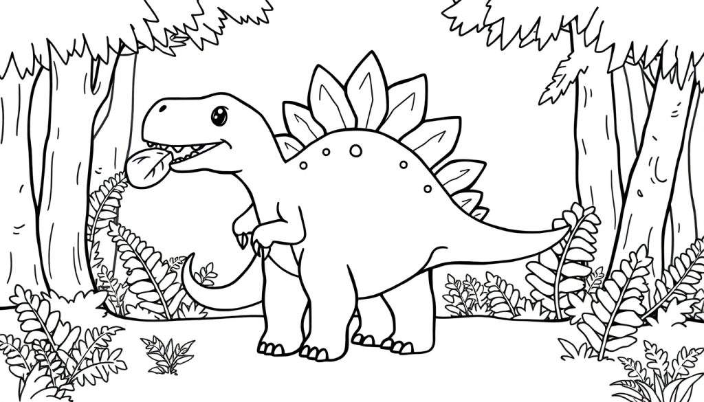 A friendly baby stegosaurus coloring panel munching on a leaf in a prehistoric forest.