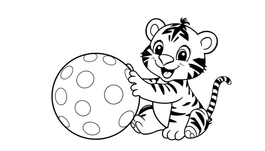 A cute baby tiger with stripes playing with a ball, shown as a black and white coloring panel.