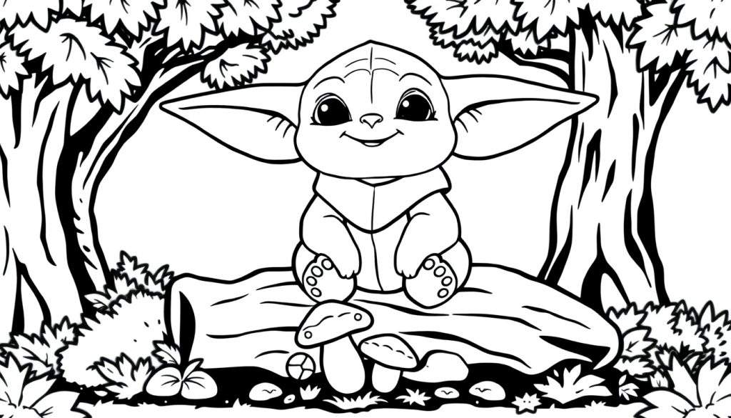 Grogu, the cute Baby Yoda, sitting on a log in a forest coloring panel.