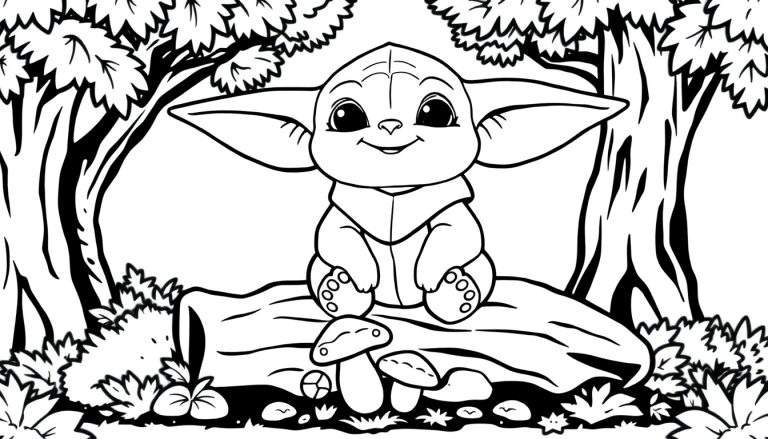 Grogu, the cute Baby Yoda, sitting on a log in a forest coloring panel.