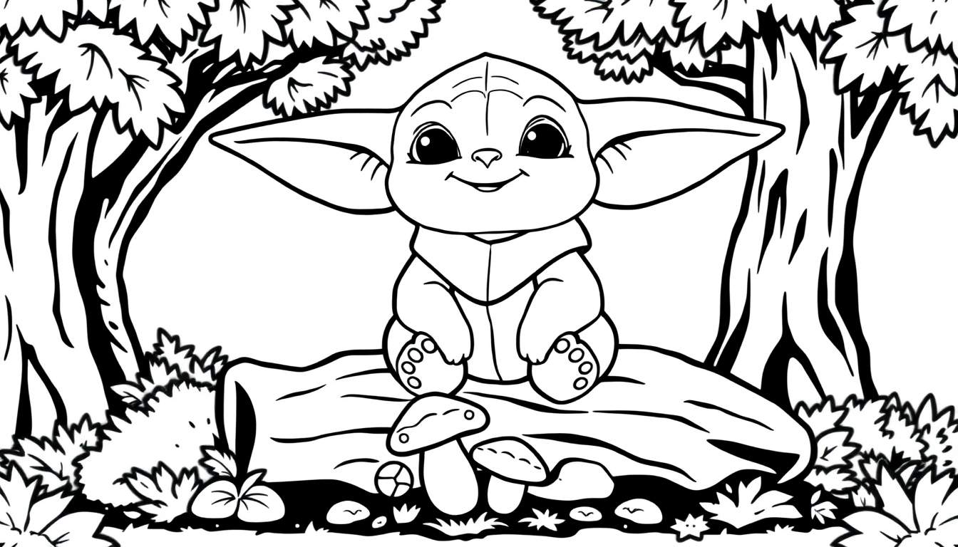 Grogu, the cute Baby Yoda, sitting on a log in a forest coloring panel.