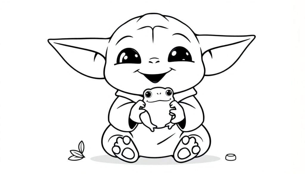 Baby Yoda coloring page with a cute character smiling and holding a frog. A fun color panel for kids.