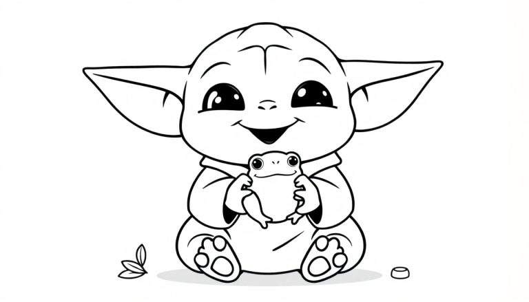 Baby Yoda coloring page with a cute character smiling and holding a frog. A fun color panel for kids.