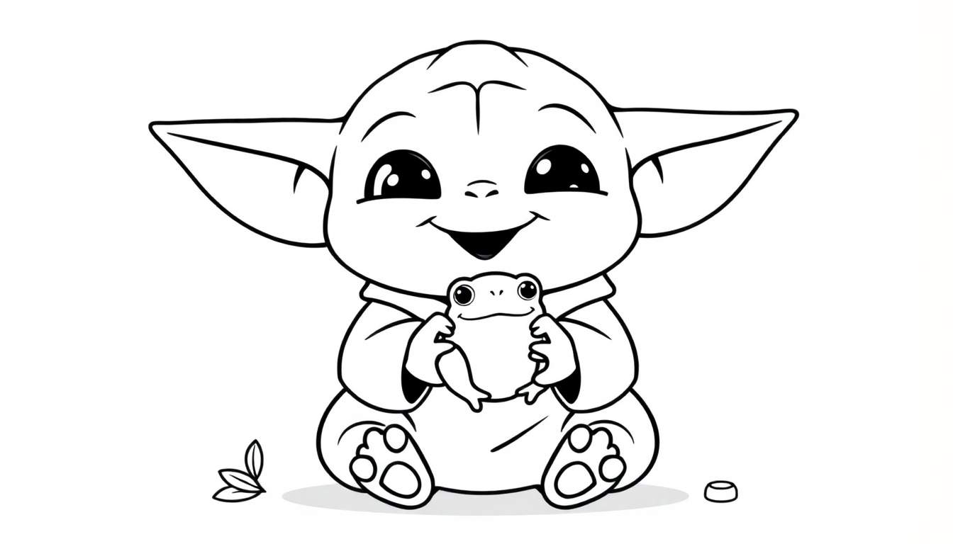 Baby Yoda coloring page with a cute character smiling and holding a frog. A fun color panel for kids.