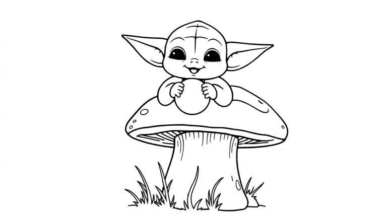 Outline for coloring: Cute Baby Yoda sitting on a mushroom, holding a glowing orb. A fun color panel awaits!