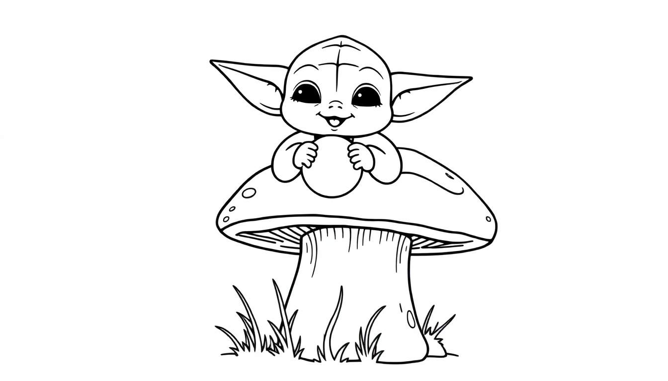 Outline for coloring: Cute Baby Yoda sitting on a mushroom, holding a glowing orb. A fun color panel awaits!