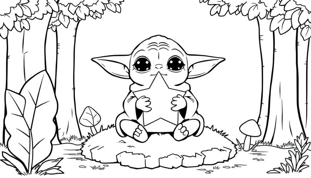 Baby Yoda holding a star, a black and white color panel for coloring.