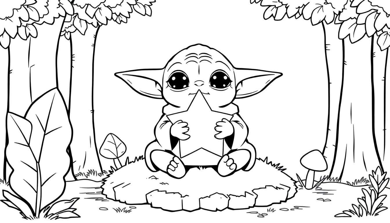 Baby Yoda holding a star, a black and white color panel for coloring.