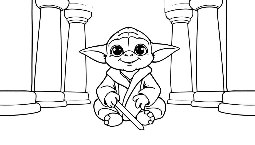 Baby Yoda sitting cross-legged in a temple, a black and white coloring panel.