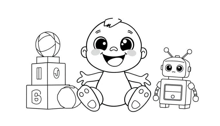 A black and white color panel illustration of a happy baby with outstretched arms, sitting with toys including letter blocks and robots.