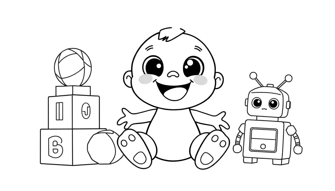 A black and white color panel illustration of a happy baby with outstretched arms, sitting with toys including letter blocks and robots.