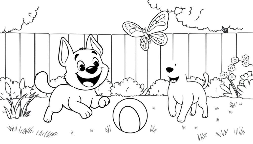 A playful cartoon of two dogs and a butterfly in a backyard, ready for coloring. This color panel is perfect for a fun activity!