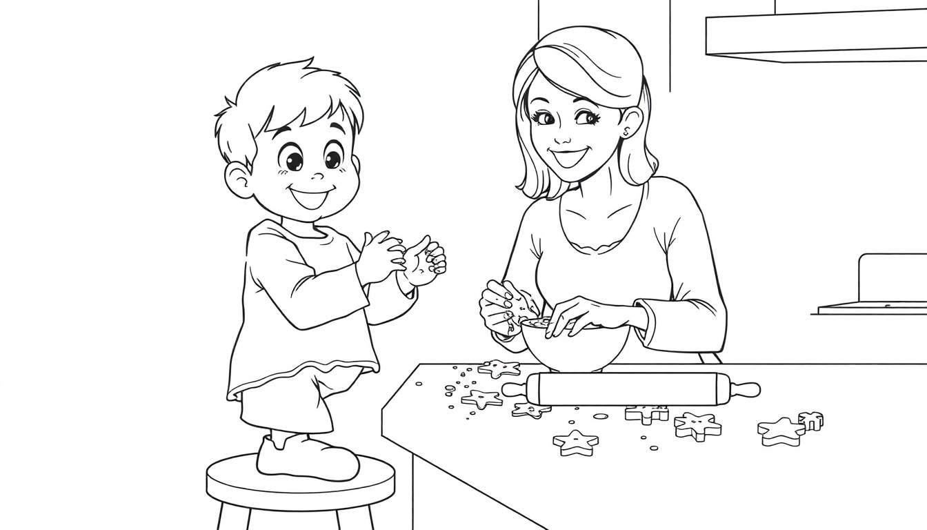 A happy child clapping hands while mom bakes cookies, a fun black and white coloring panel.