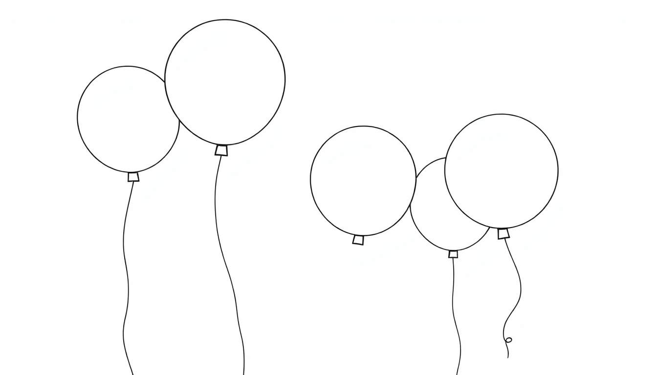 A simple black and white color panel drawing of two pairs of balloons floating, ready for coloring.