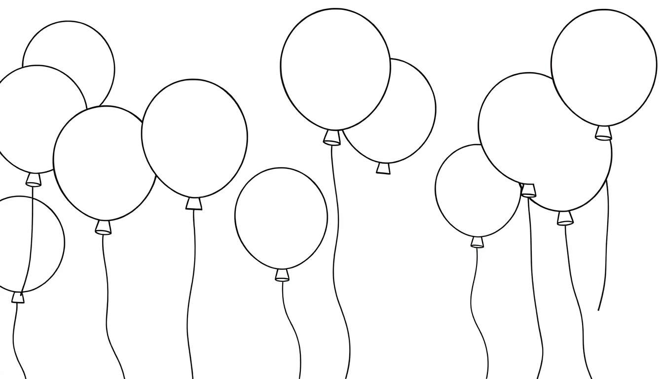 A black and white color panel drawing of round balloons with strings, floating at different heights.