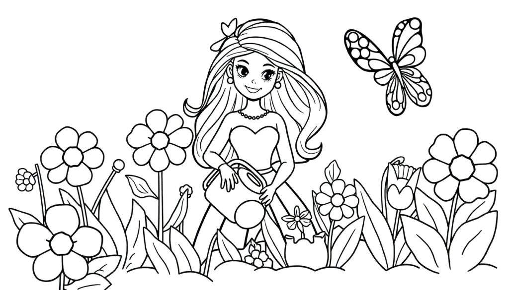 Barbie in a garden, ready for a color panel.