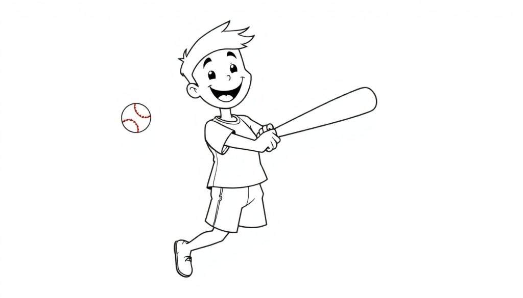 A happy boy in a black and white color panel, about to hit a baseball with a bat.