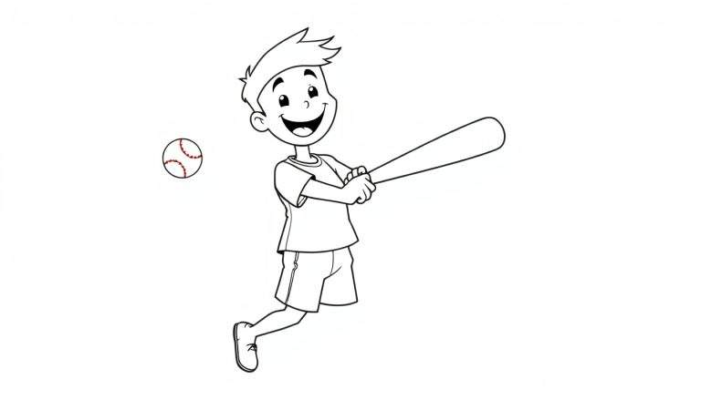 A happy boy in a black and white color panel, about to hit a baseball with a bat.