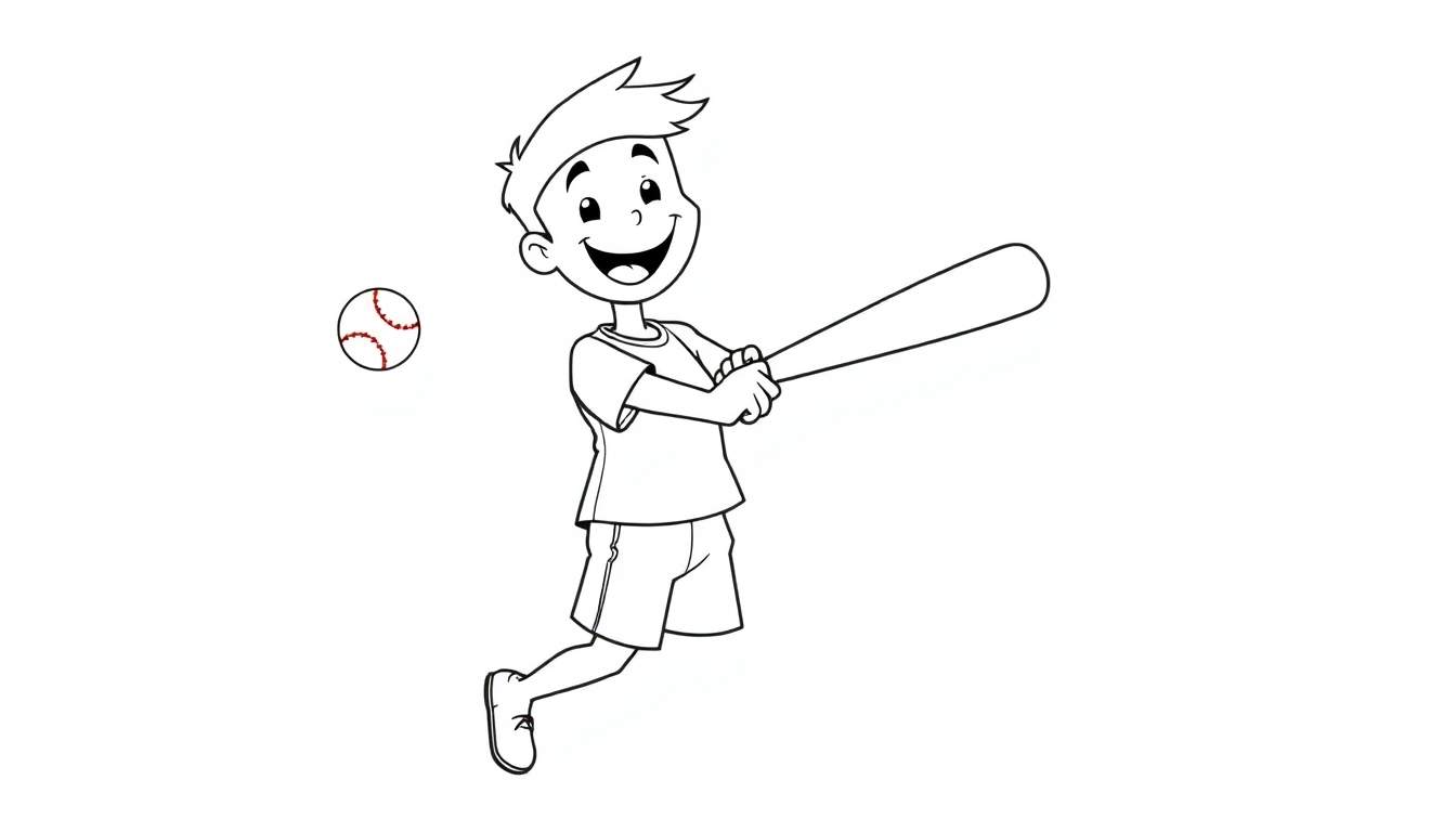 A happy boy in a black and white color panel, about to hit a baseball with a bat.