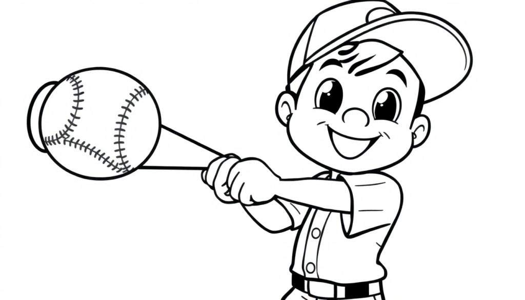 A cute cartoon boy swinging a baseball bat in a black and white color panel.