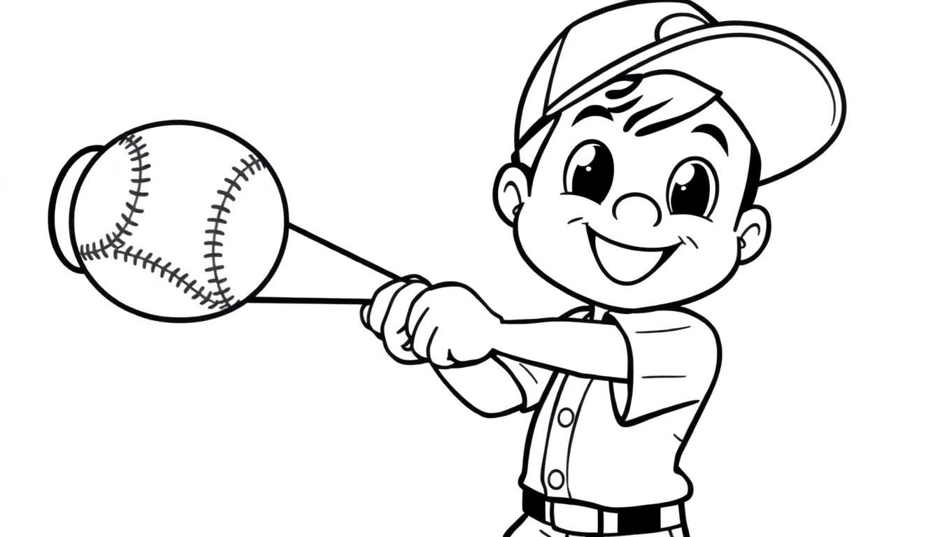 A cute cartoon boy swinging a baseball bat in a black and white color panel.