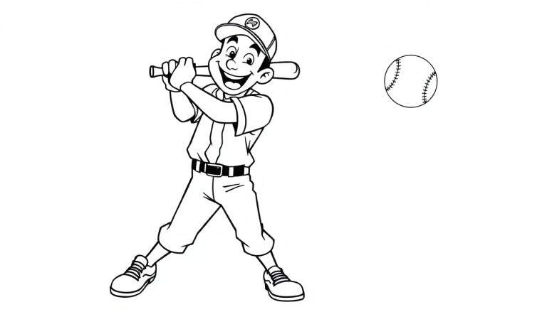 A young baseball player, ready to swing, in a black and white cartoon color panel.