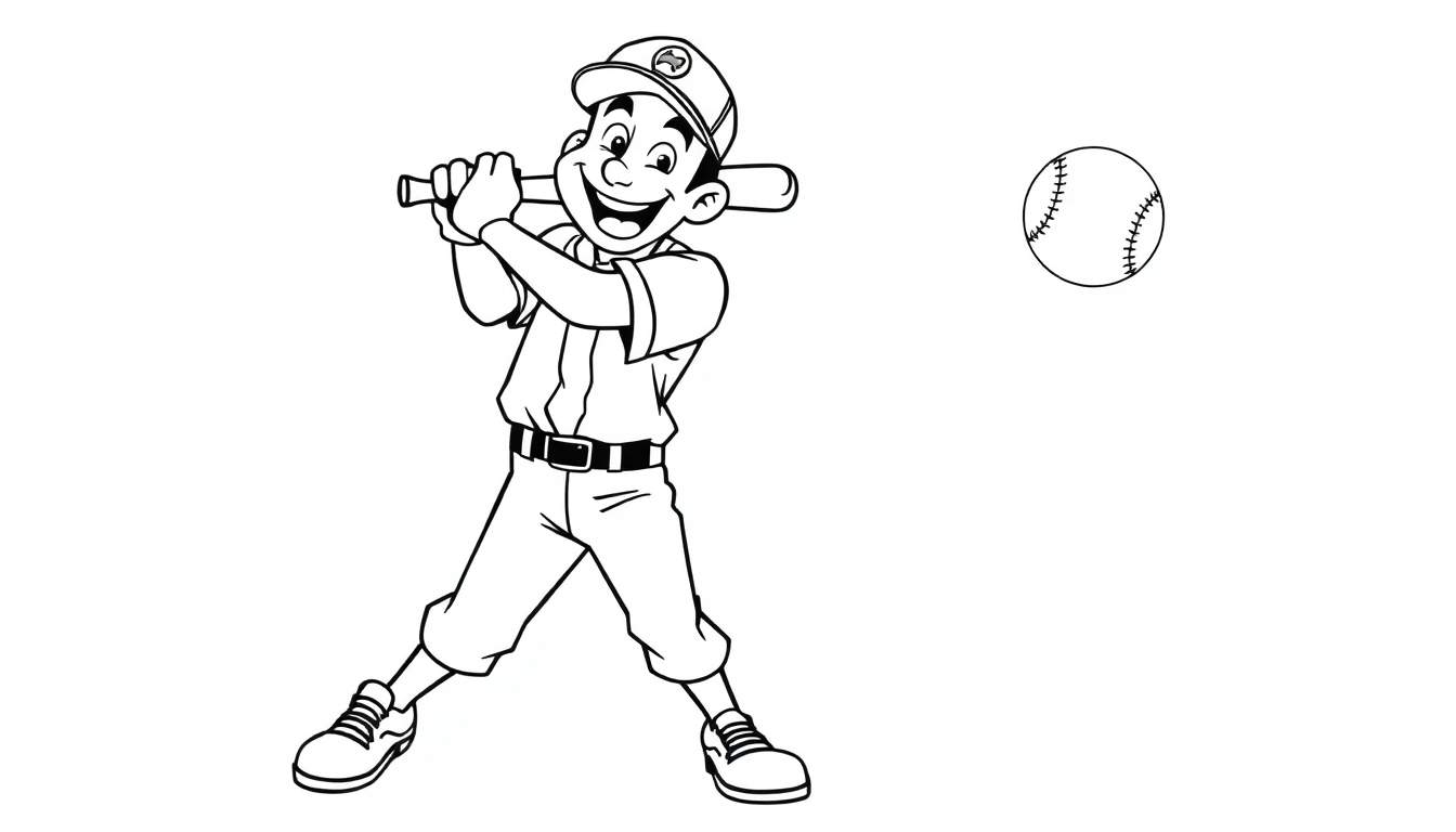 A young baseball player, ready to swing, in a black and white cartoon color panel.