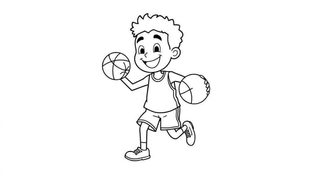 Cute cartoon boy with curly hair dribbling two basketballs, ready for a color panel.