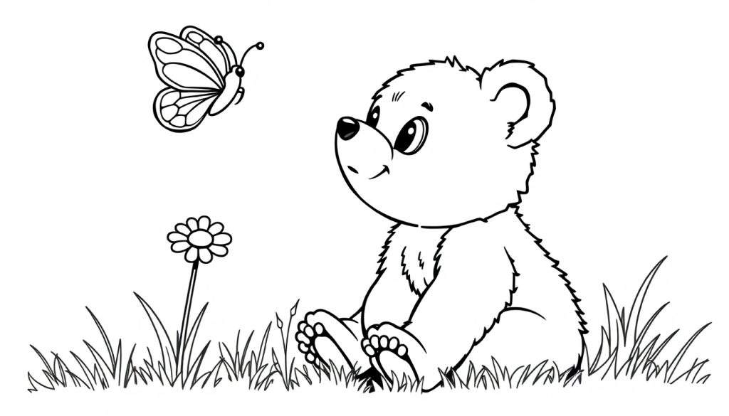 A friendly baby bear cub in a black and white coloring page, sitting in grass watching a butterfly near a flower. Color panel.