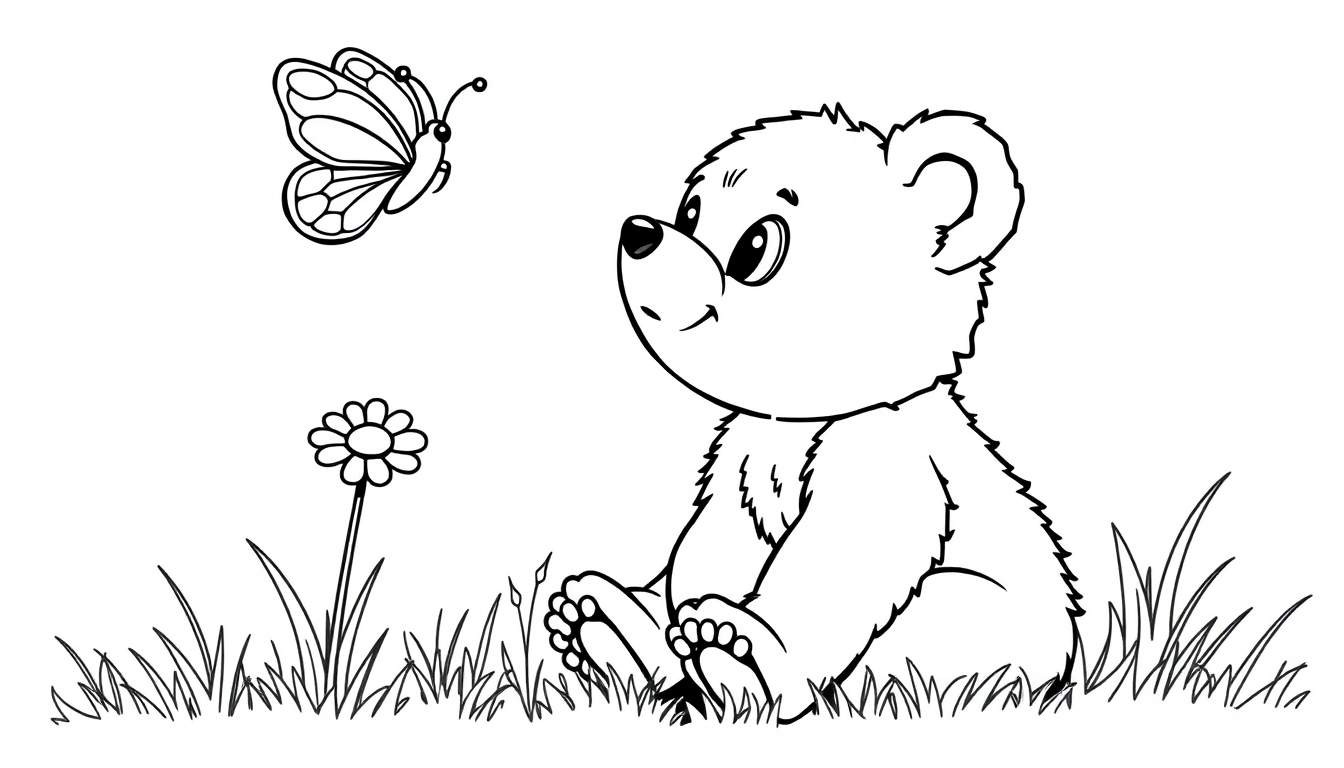 A friendly baby bear cub in a black and white coloring page, sitting in grass watching a butterfly near a flower. Color panel.