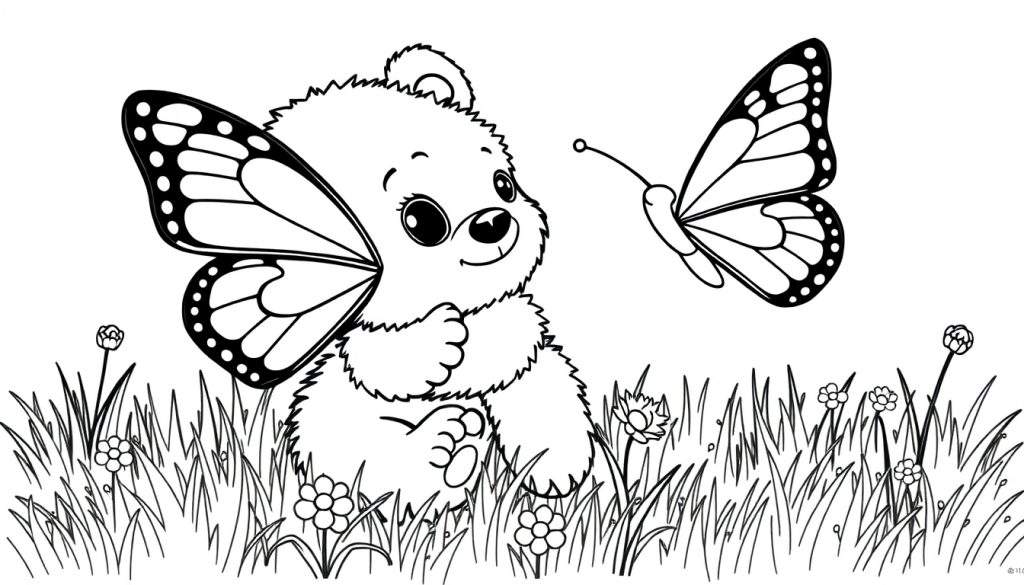 A black and white coloring page color panel showing a cute bear cub playing peek-a-boo with a butterfly in a meadow.