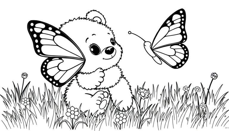 A black and white coloring page color panel showing a cute bear cub playing peek-a-boo with a butterfly in a meadow.