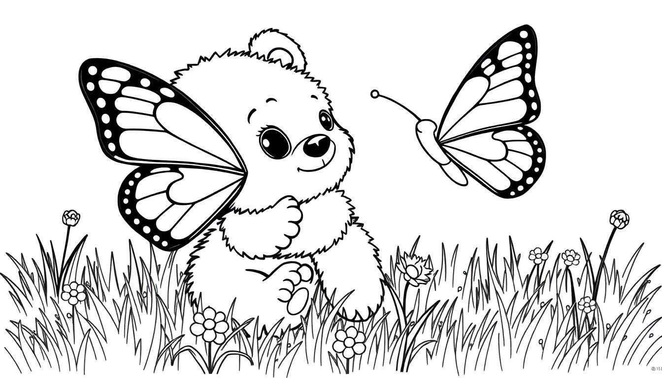 A black and white coloring page color panel showing a cute bear cub playing peek-a-boo with a butterfly in a meadow.