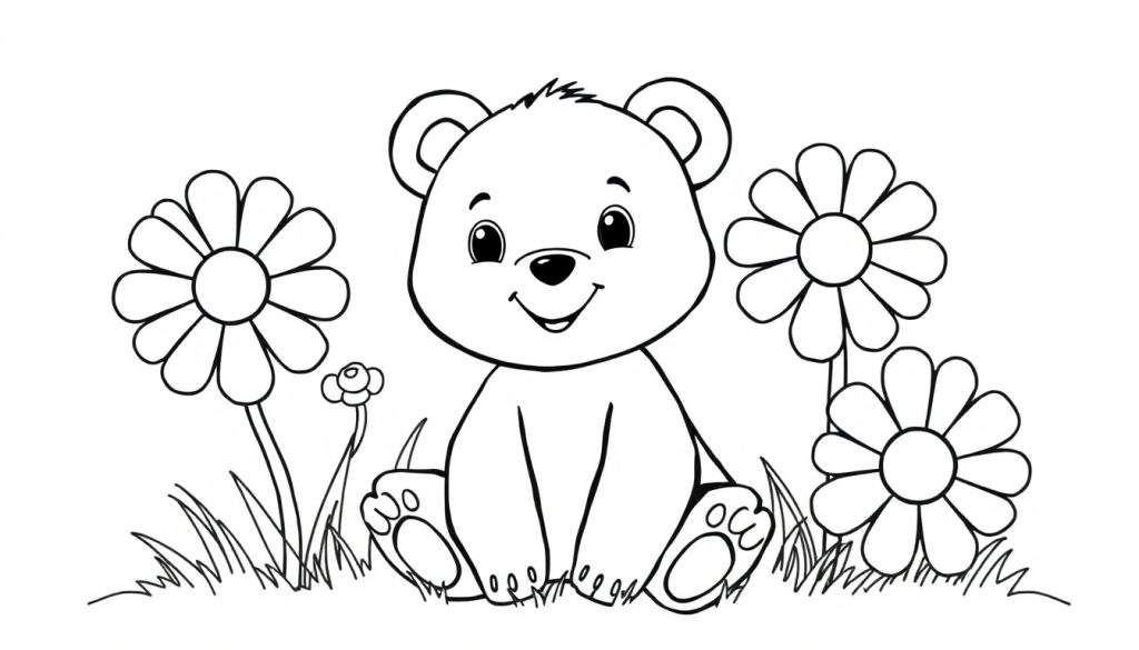A cute cartoon bear cub sitting in a field of flowers, ready for a color panel.
