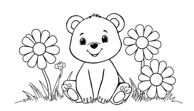 A cute cartoon bear cub sitting in a field of flowers, ready for a color panel.