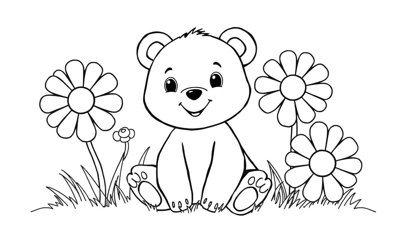 A cute cartoon bear cub sitting in a field of flowers, ready for a color panel.