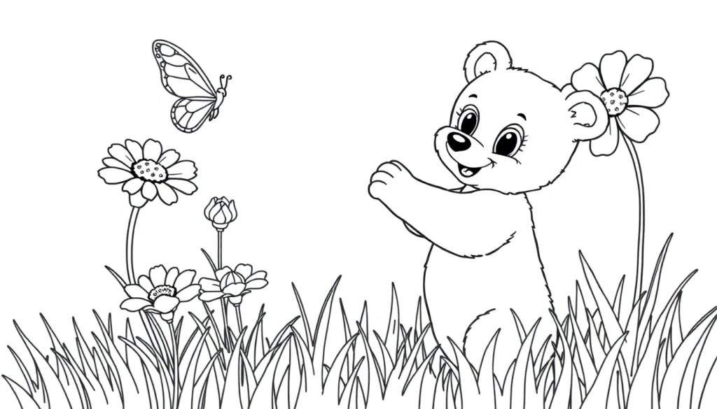 A friendly bear cub smiling and waving in a field of tall grass with flowers and a butterfly. A fun coloring panel for kids.