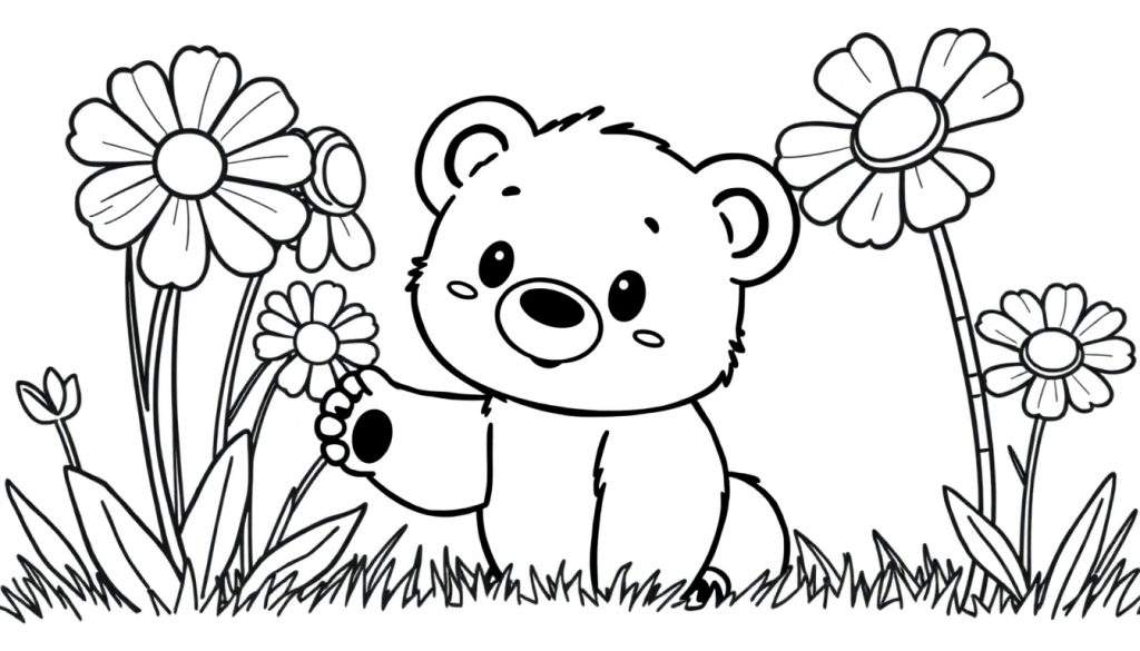 A cute bear cub sits in a field of flowers, holding a daisy. This color panel is perfect for a coloring book.