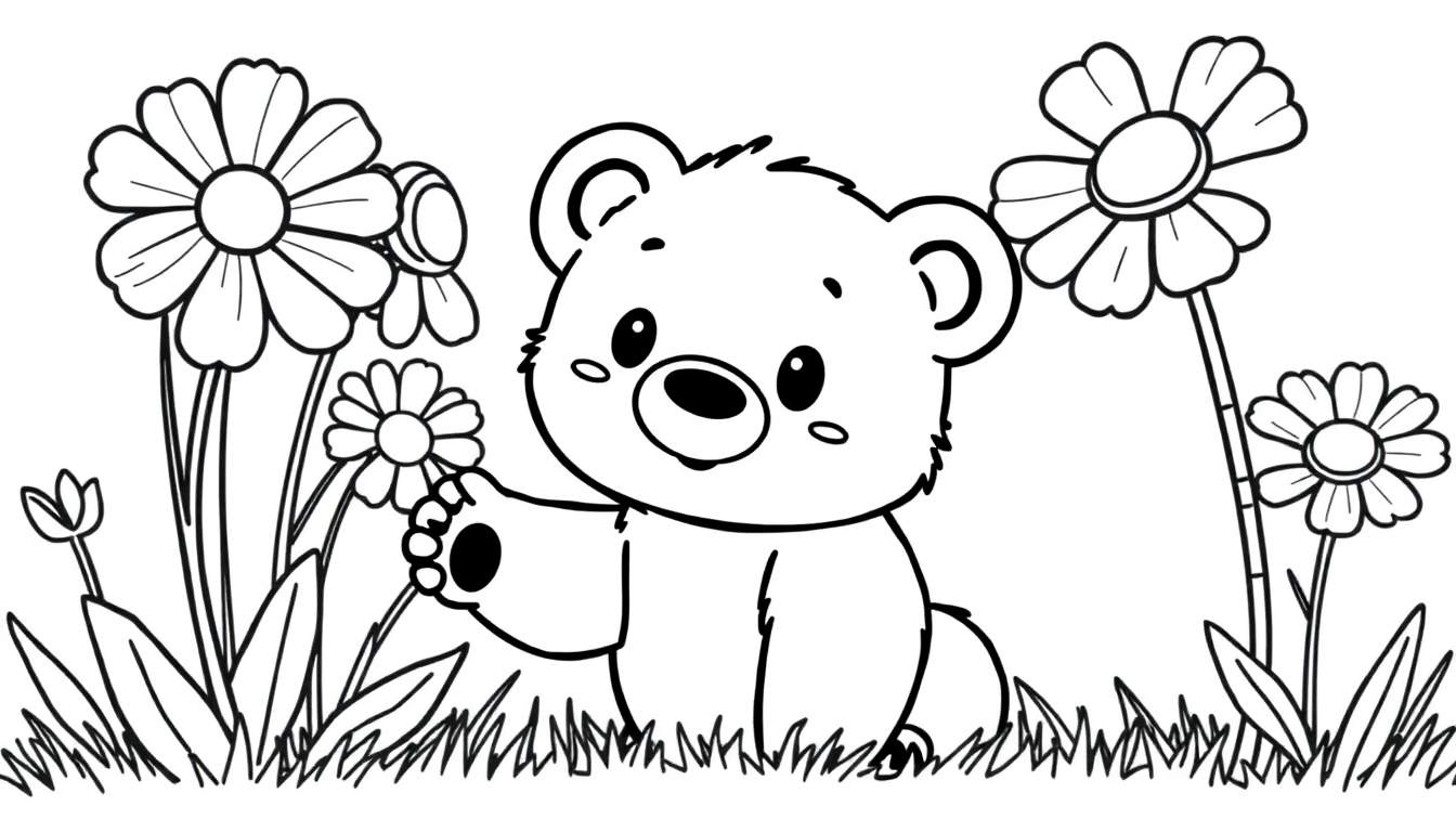 A cute bear cub sits in a field of flowers, holding a daisy. This color panel is perfect for a coloring book.
