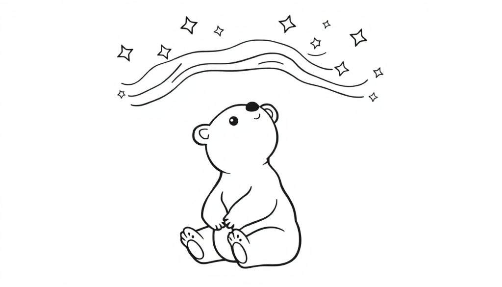 A black and white cartoon of a bear looking up at stars, part of a color panel.