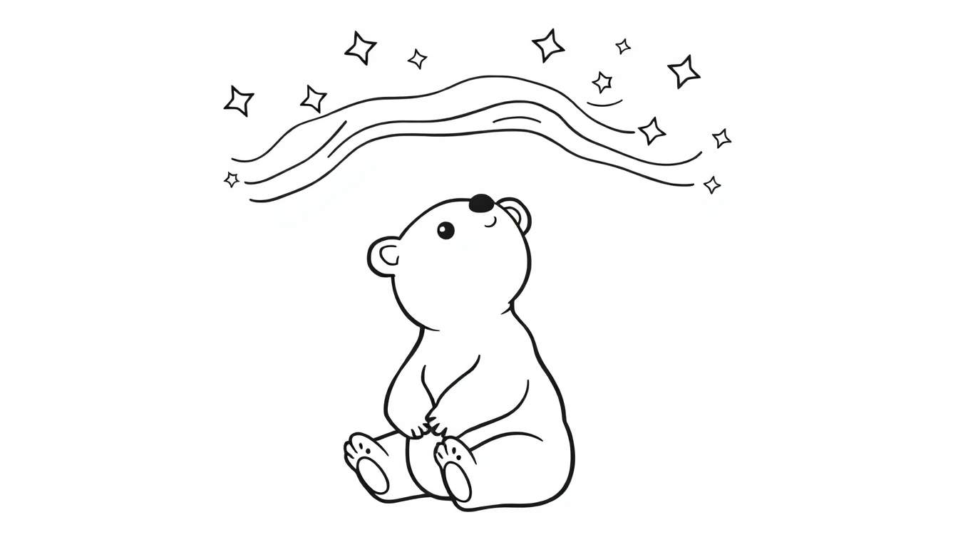 A black and white cartoon of a bear looking up at stars, part of a color panel.