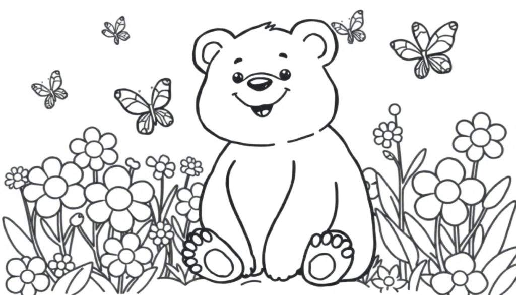 A cute bear cub in a flower patch on a color panel.