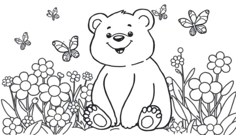A cute bear cub in a flower patch on a color panel.