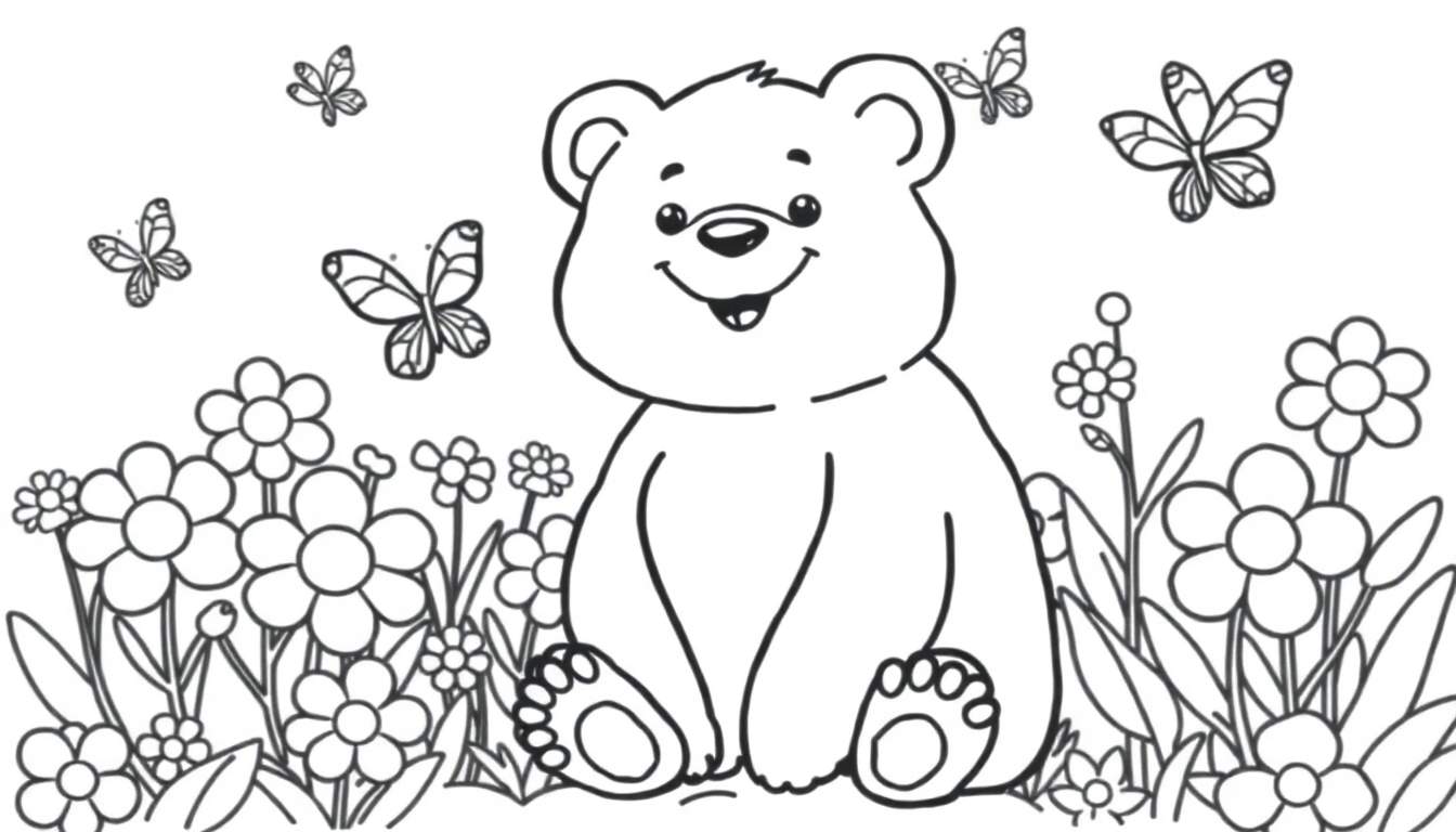 A cute bear cub in a flower patch on a color panel.