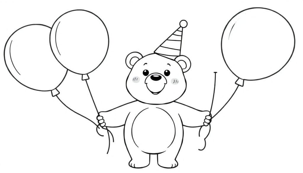 A cheerful cartoon bear in a party hat, holding three balloons, ready for coloring in this color panel.