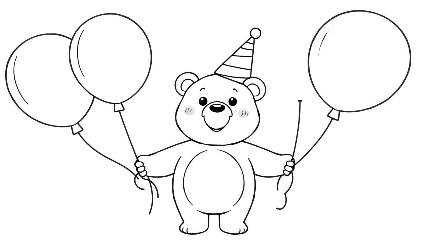 A cheerful cartoon bear in a party hat, holding three balloons, ready for coloring in this color panel.