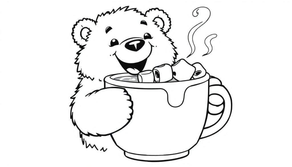 A happy bear enjoying hot chocolate with marshmallows, a black and white color panel.